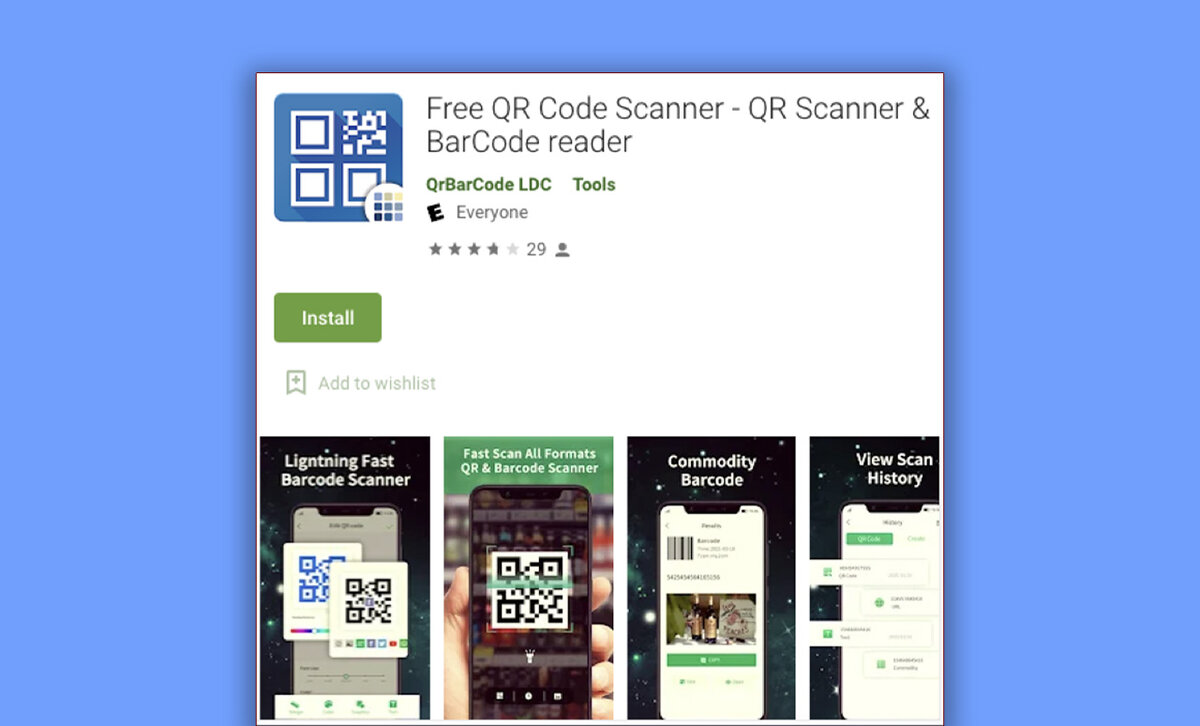 Страницы приложения Free QR Code Scanner в Google Play. Сейчас это приложение уже удалено из маркета.