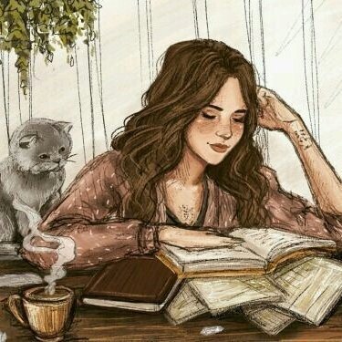 На картинке все, что любит моя душа: книги, кошки и горячий чай