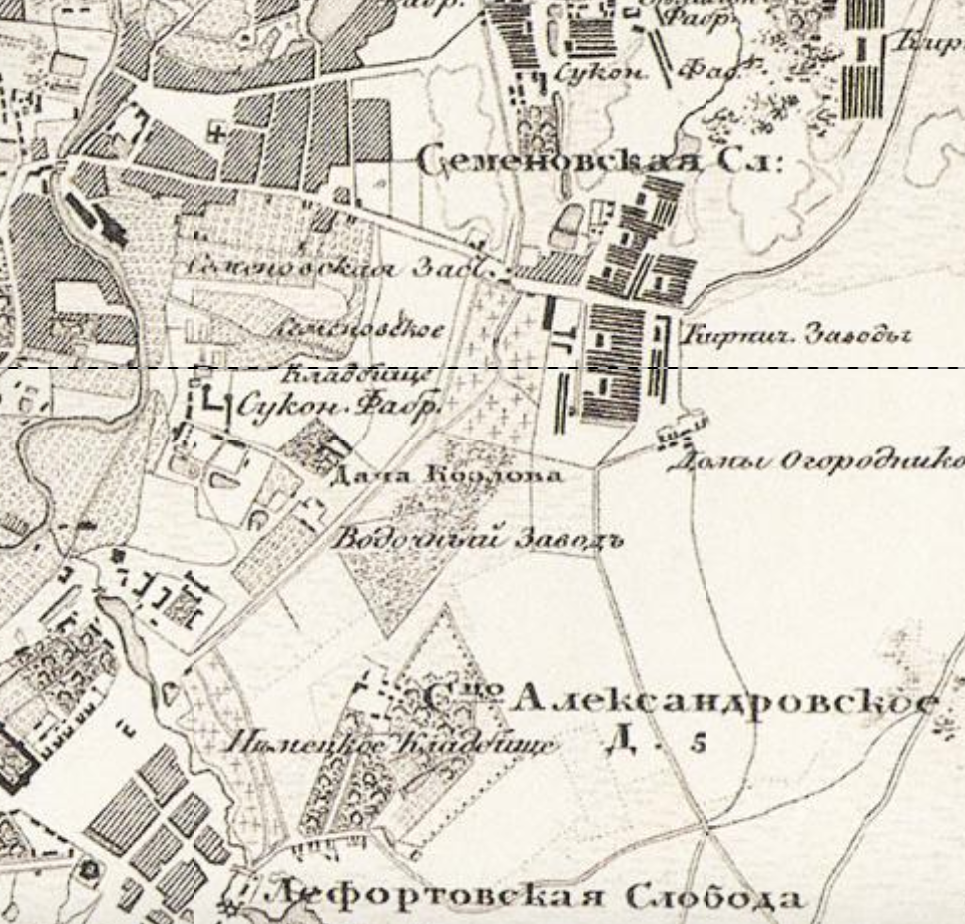 Семёновская слобода на карте Москвы 1848 года. С сайта www.retromap.ru.