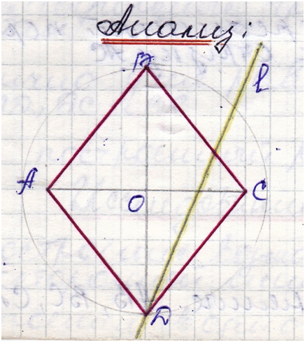 Построить ромб, если даны его противоположные вершины его третья вершина лежит на данной прямой. Пусть АВСD  данный ромб (искомый) мы построили, причем т. D∈l.
т.-2