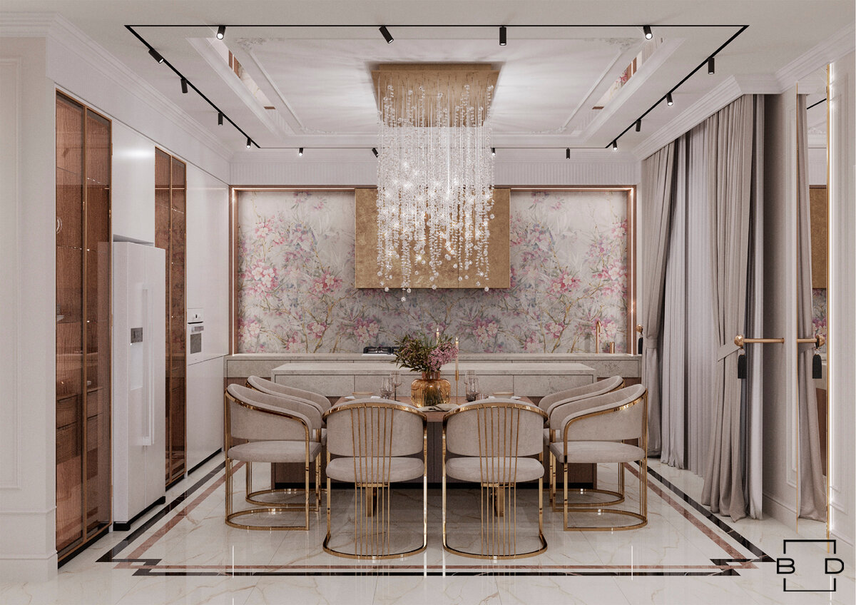 Дизайн-проект частного дома. На фартуке кухни размещено панно из крупноформатного керамогранита.