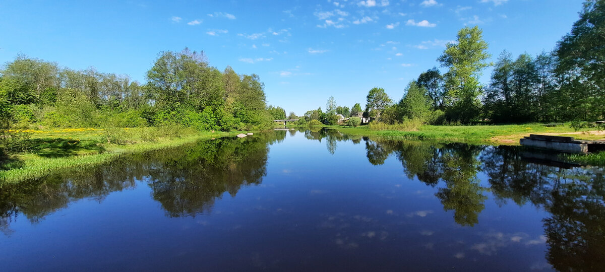 Река Синяя в Красногородске Псковской области. Вид с подвисного мостика на главный мост.