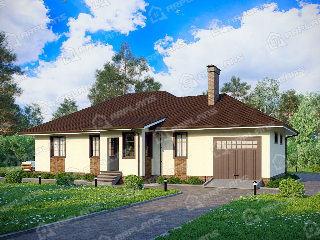 Фото 1 одноэтажного дома из газобетона с 4 спальнями, котельной и гаражом. Общая площадь 150 кв м. Источник arplans.ru Проект К-202