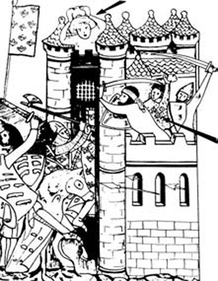 Осада Дамиетты, 1219. Центральный араб на стене очень наглядно демонстрирует применение гранаты.