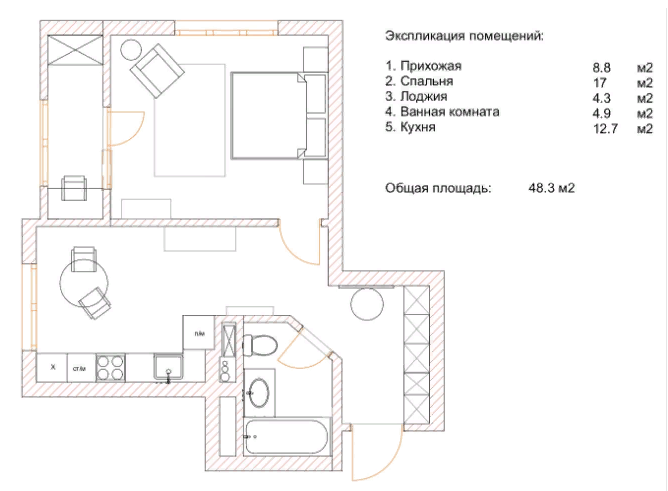 План квартиры после ремонта и установки мебели