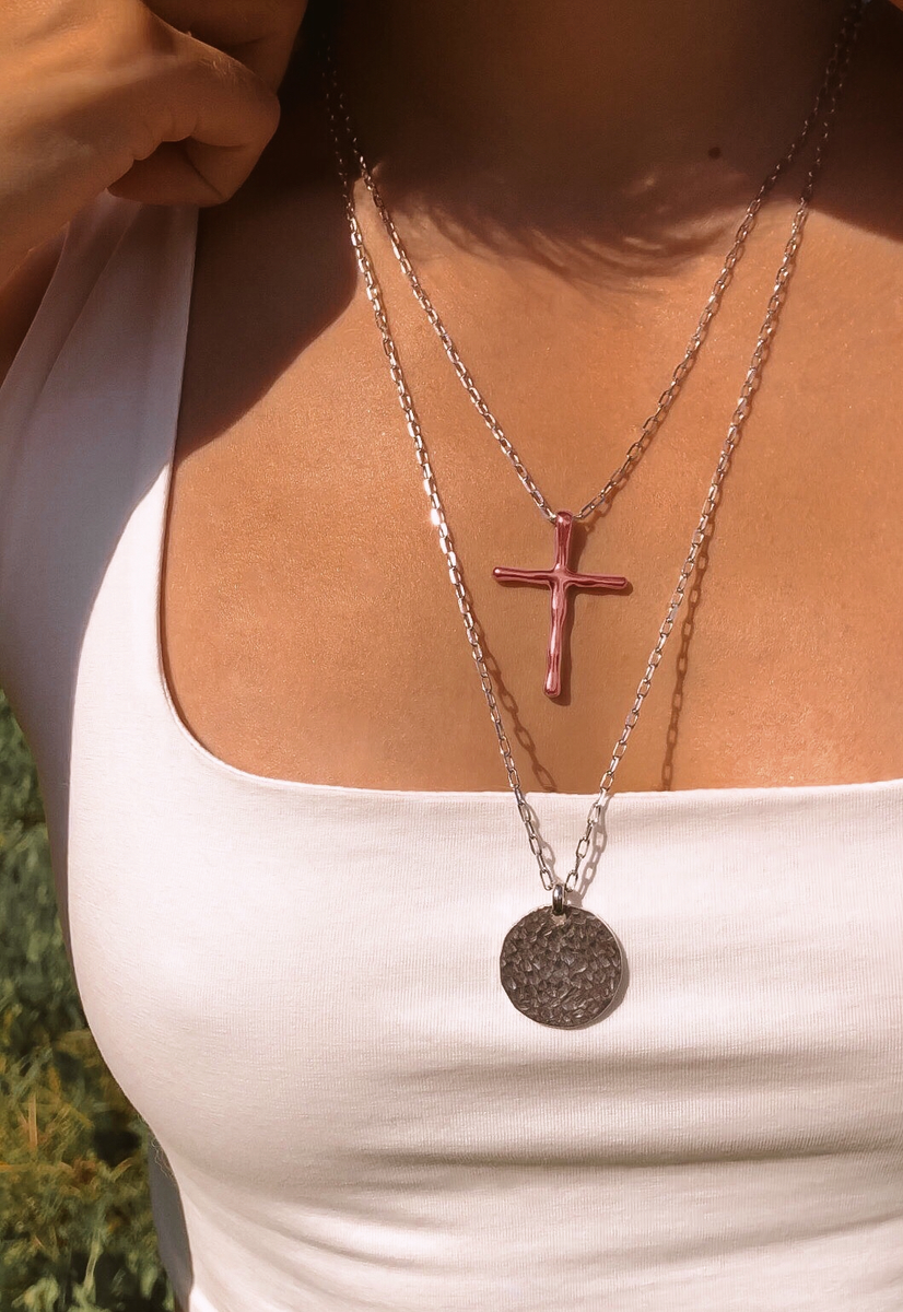 Серебряное колье крестик "Слияние pink"