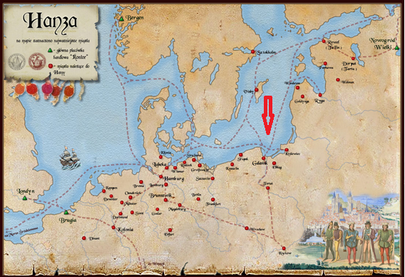 Карта Ганзейского союза с указанием торговых путей, стилизованная якобы под средневековую. Но и по ней видно, что торговый путь из Финского залива вовсе не обязательно проходил через остров Гутланд (теперь лживо названный Готландом), как показано красной стрелкой.