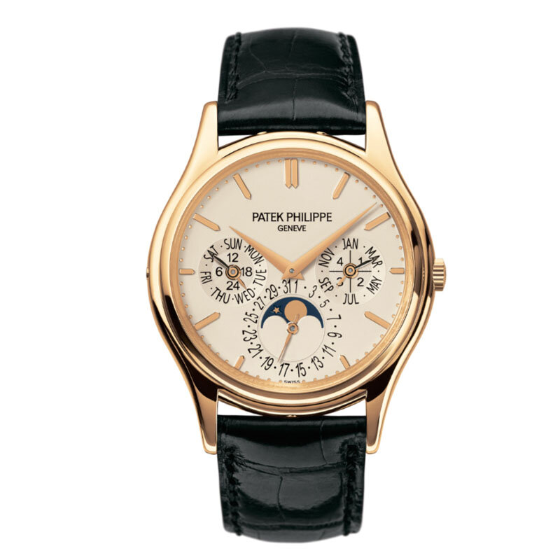 Часы Patek Philippe Grand Complications из желтого золота с черным кожаным ремешком, автоматическим подзаводом, вечным календарем, указателем дня и ночи, календарем лунных фаз, датой и запасом хода 48 часов