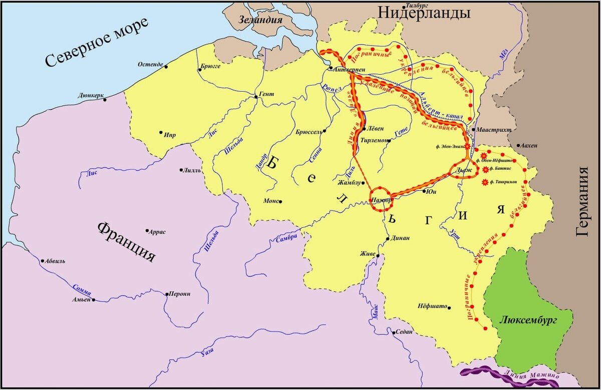 Карта укреплений Бельгии согласно планам Бельгии и плану «Диль»