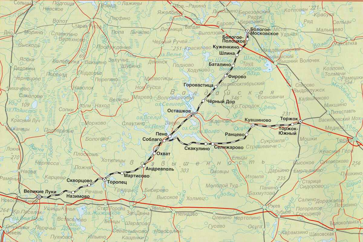 Карта-схема Бологое-Полоцкой линии (участок Бологое-Великие Луки ОКТ ж/д с прилегающей в Соблаго веткой на Торжок)