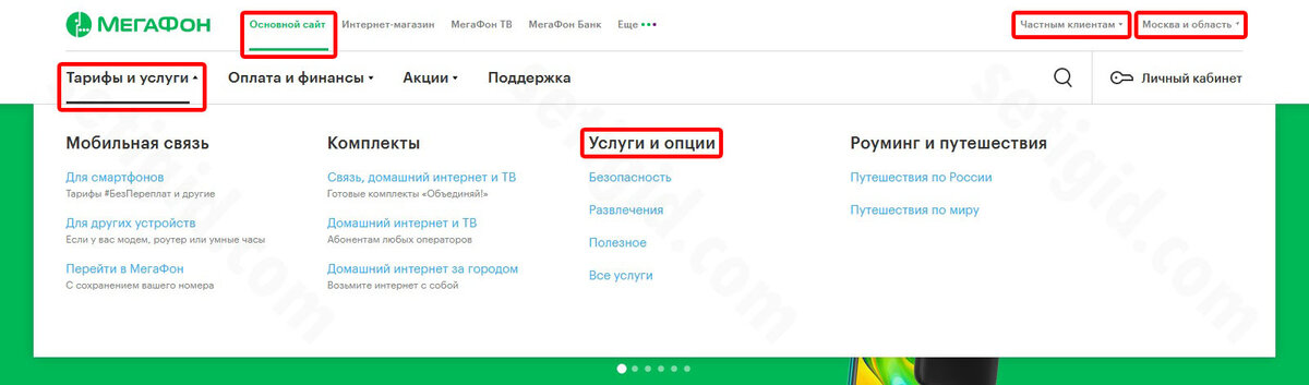 Выбор населённого пункта. Разделы «Частным клиентам» и «Основной сайт». Переход к категории услуг на сайте «МегаФона» во вкладке «Тарифы и услуги»