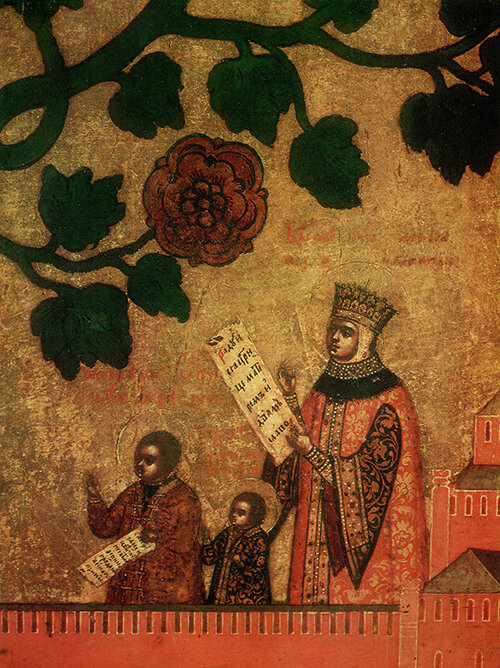 Царица Мария Милославская с сыновьями Алексеем и Феодором. Алексей умрет в возрасте 16 лет и станет знаменем разинского восстания. А Федор станет Фёдором III Алексеевичем, новым царем и братом Петра Первого (икона 1668 года)