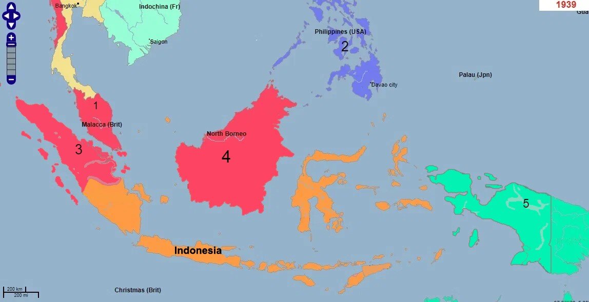 Операции японских и индонезийских войск. 1 - Малайская операция. 2 - Филиппинская операция. 3 - Суматранская операция. 4 - Калимантанская операция. 5 - Новогвинейская операция.