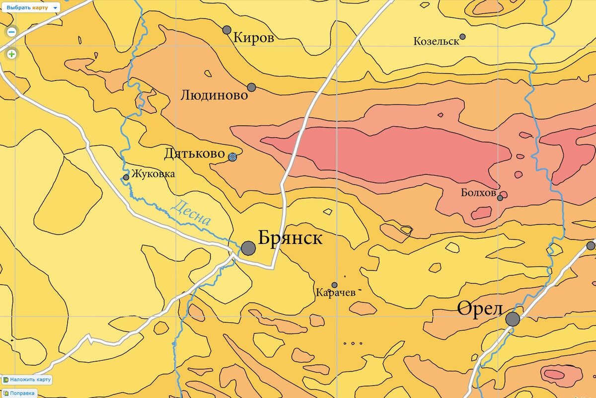 Фрагмент карты загрязнения чернобыльским цезием 137, составленной учёными в 1998 году. Ссылка на карту выше.