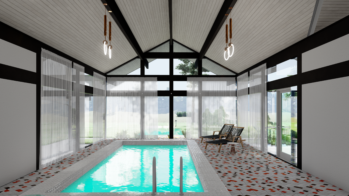 Интерьер бассейна, смежного с домом. Архитектор Мария Короткова. Фахверк.