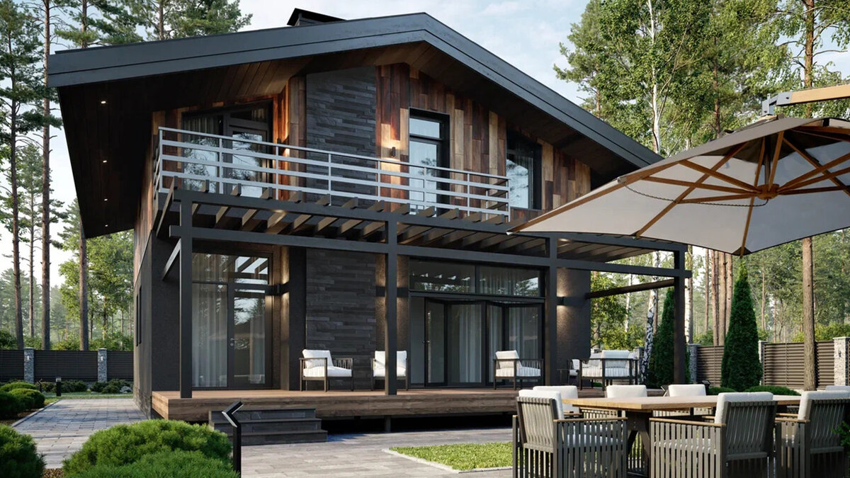 Коттедж «Гринкуб 2.1», S=233 м². Просторный дом с харизматичным дизайнерским решением. Отделка выполнена натуральным черным сланцем и планкеном из лиственницы, покрытым экологически чистым лаком. Большая веранда позволяет собираться летом всей семьей на свежем воздухе. Для гостей предусмотрены комнаты и отдельный туалет с ванной. Удобная планировка позволяет оптимально использовать все жилое пространство.