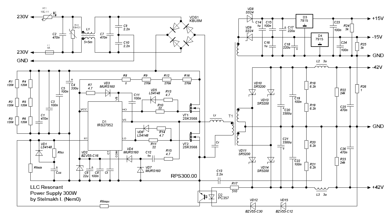 Электрическая принципиальная схема LLC резонансного источника питания RPS300