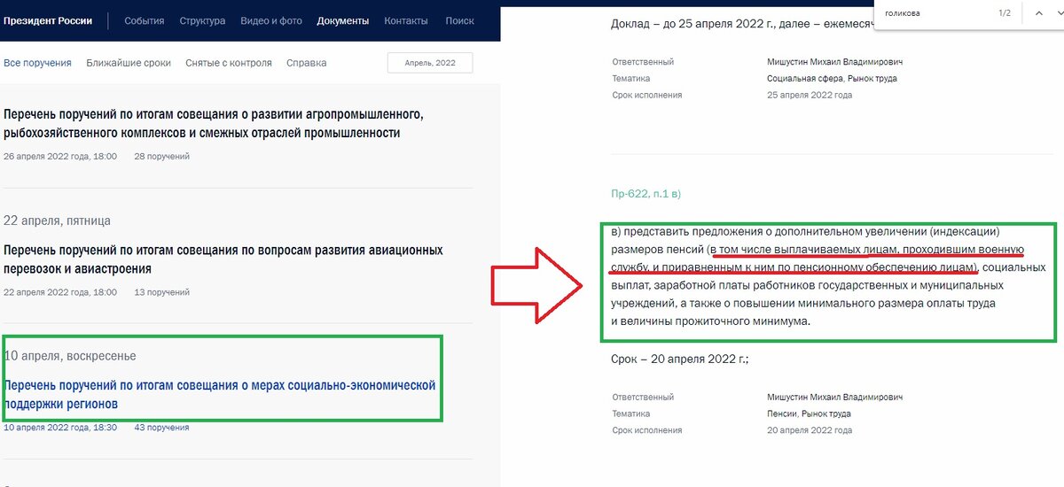 скриншот с сайта Кремля, раздел "Поручения"