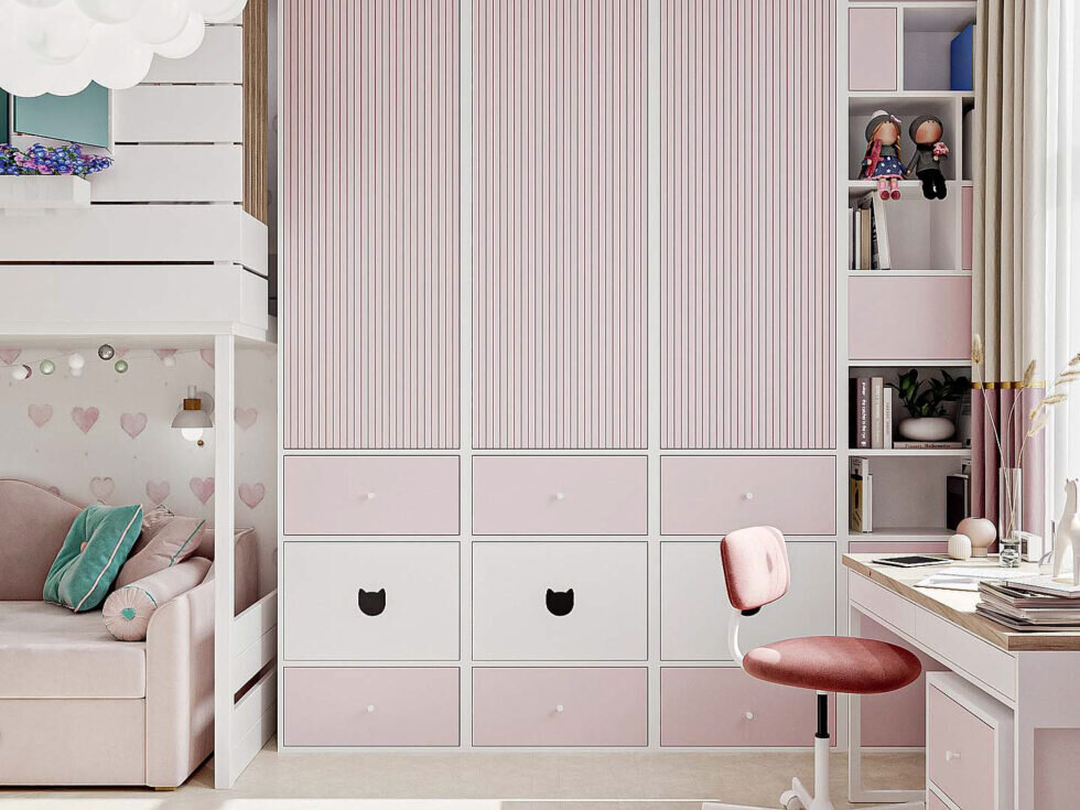 Вместительный шкаф с розовым фасадом