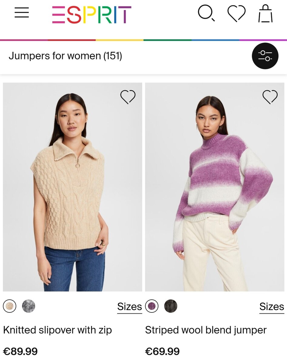 Стоимость свитеров Esprit на официальном сайте бренда.
