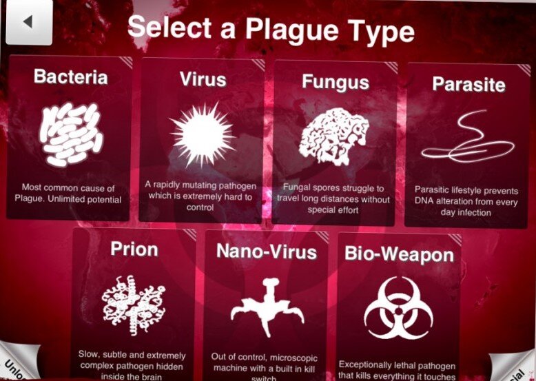 Возможные для выбора патогены (бактерии, вирусы, грибки, паразиты, прионы, нано-вирусы и биологическое оружие). Источник: https://www.ndemiccreations.com
