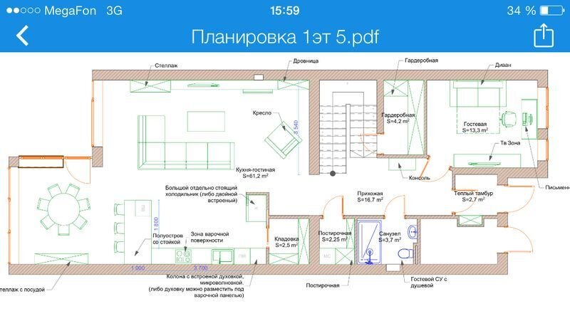 План первого этажа коттеджа, детально
