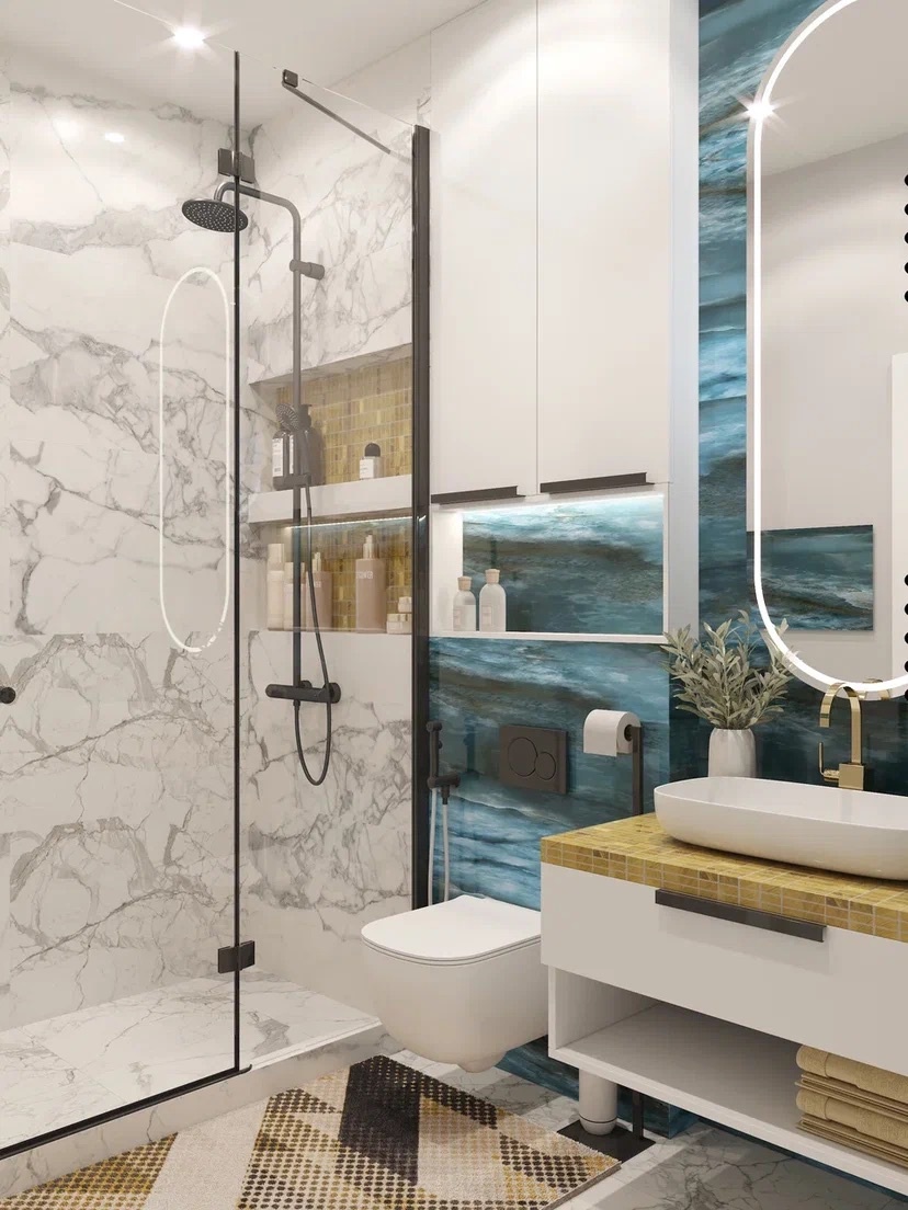 Душевая строительного монтажа, чёрная сантехника в сочетании с белым мрамором смотрится очень стильно