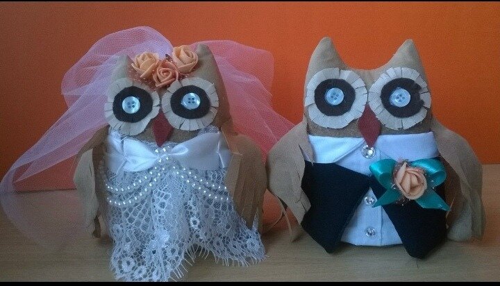 Это был подарок на свадьбу жениху и невесте. Невеста очень любит сов. И просьба была использовать в наряде  пары именно эти цвета- персик с мятой.