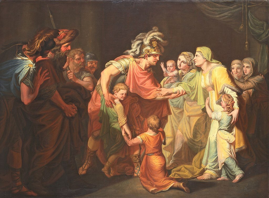 Великий князь Святослав, целующий мать и детей своих по возвращении с Дуная в Киев. И. А. Акимов, 1773 г.
