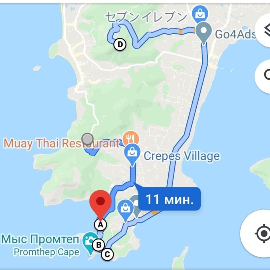 Маршрут по югу острова Пхукет. Точками на карте обозначены видовые площадки, о которых ниже подробно рассказываю