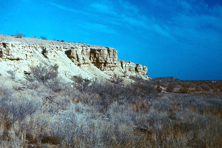 Чинк(обрыв), сверху находится плакор (плоская равнина), снизу обычны пески, заросшие саксаулом и другими кустарниками. Скан слайда автора, март 1982