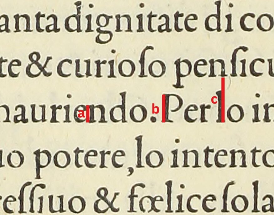 Ил.  2. В «Гипнэротомахии Полифила», изданной Альдом Мануцией в 1499 году,  использовался только один кегль шрифта. Зато отношение золотого сечения  мы наблюдаем не только в высоте строчных и прописных, но и в высоте  строки, т. е. в интерлиньяже (a = 1, b = 1,618, c = 1,618²).