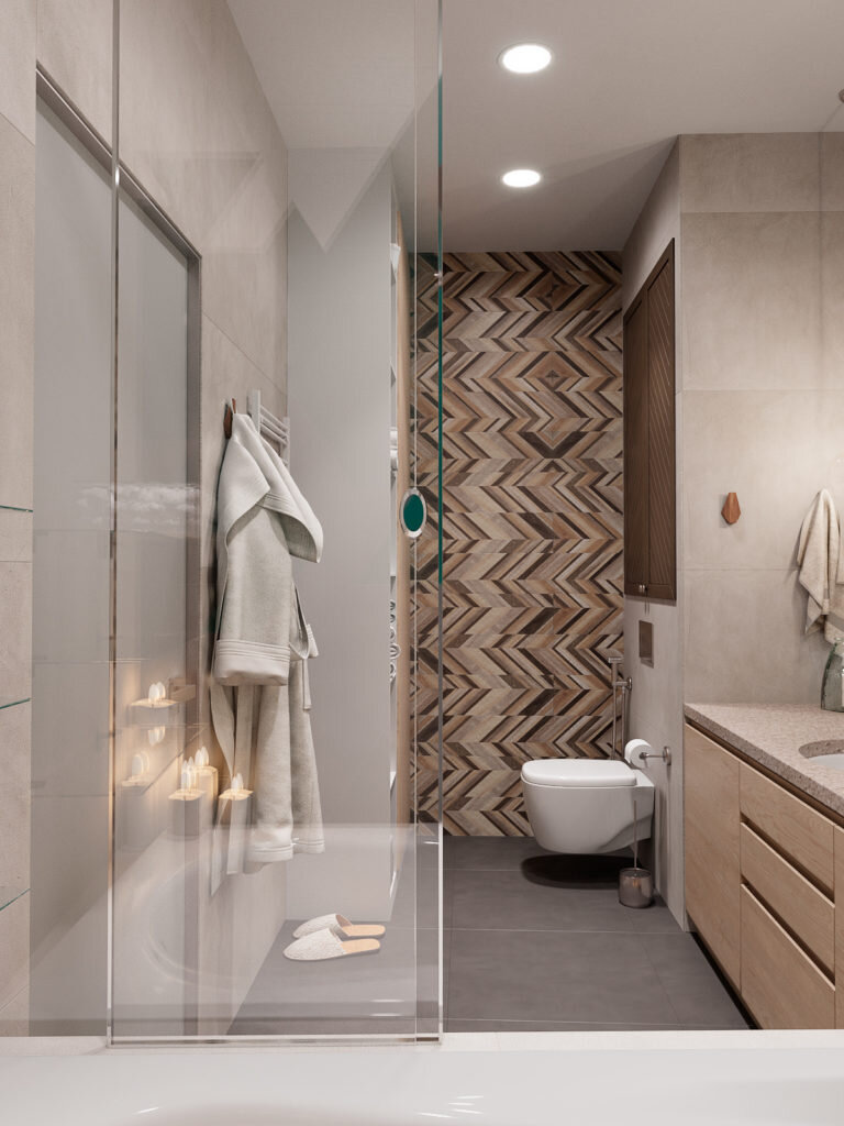 Зеленый, серый и много дерева. Современный интерьер трехкомнатная квартиры