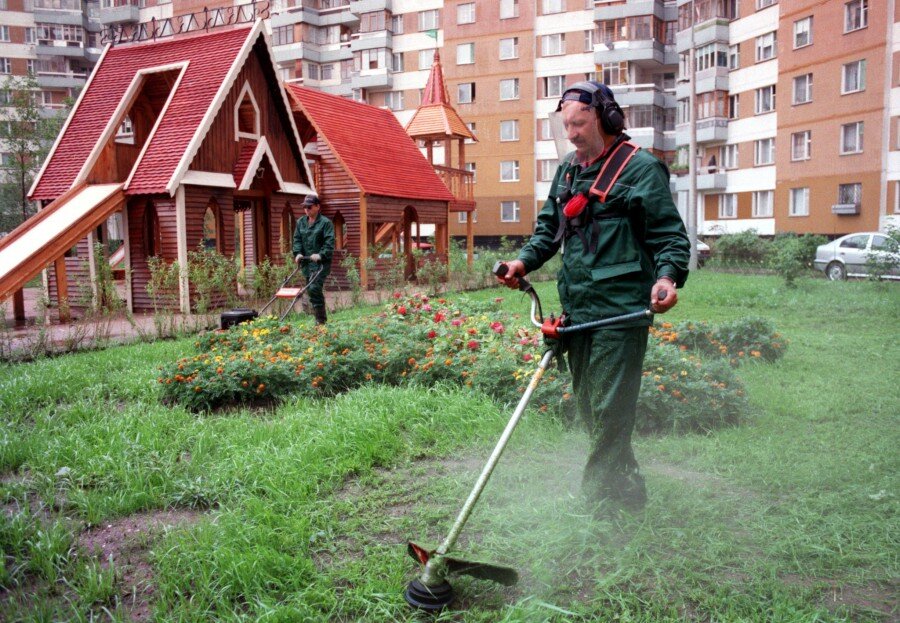 Фото покоса травы бензотриммером