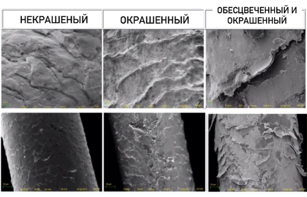 Состояние кутикулы после окрашивания и обесцвечивания+окрашивания 