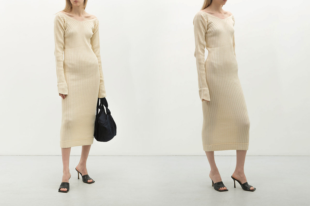 Идеальный молочный цвет, деликатный рубчик, красивый спущенный рукав — платье мечты от культового бренда!