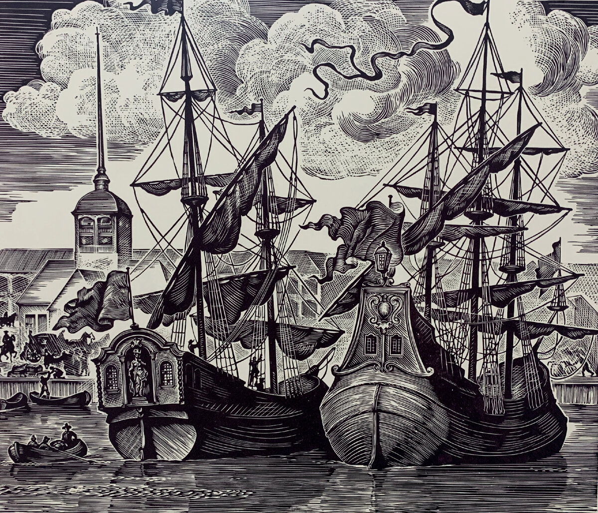 Яхнин Рудольф Моисеевич. Порт у Троицкой площади. 1980. Бумага, линогравюра