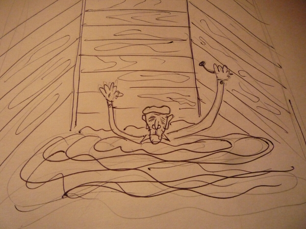 Пьяница схватился за гвоздь и смог отдохнуть. Иначе бы он утонул. Рисунок автора