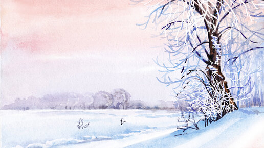 Зимнее утро.Мороз.Дерево в снегу | Рисуем зимний пейзаж акварелью