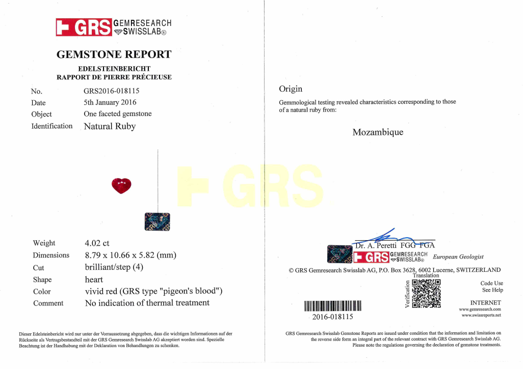 Пример сертификата GRS с отметкой pigeon’s blood