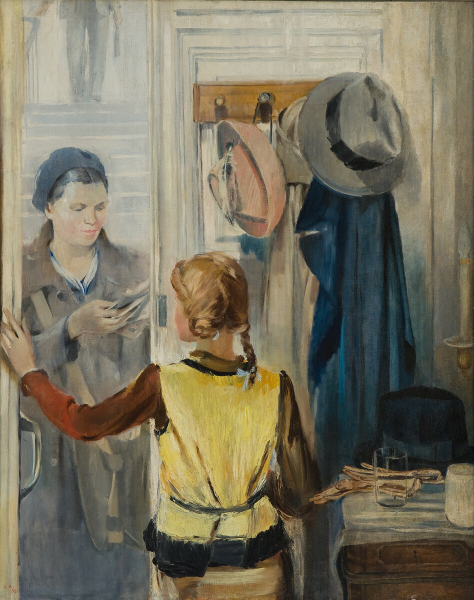 Пименов Ю.И. Почта пришла. 1940. Холст, масло. Один из лидеров Общества художников-станковистов Юрий Пименов с начала 1930-х отказывается от экспрессионистической манеры и обращается к импрессионистической. Так написана картина «Почта пришла».