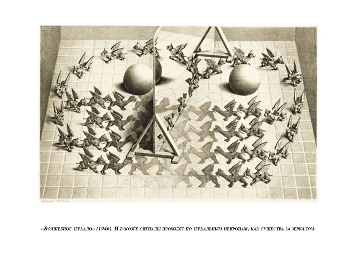 «Волшебное зеркало» (1946). И в мозге сигналы проходят по зеркальным нейронам, как существа за зеркалом.