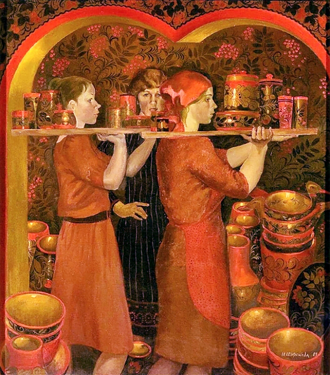 Картина Инны Широковой из серии "Хохлома".
"Семёновская сказка", 1981 г