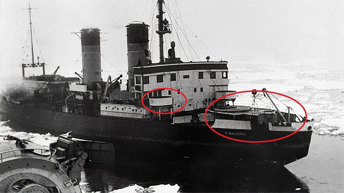 места размещения 130-мм орудий и 75-мм Канэ в носовой части ледокола.  