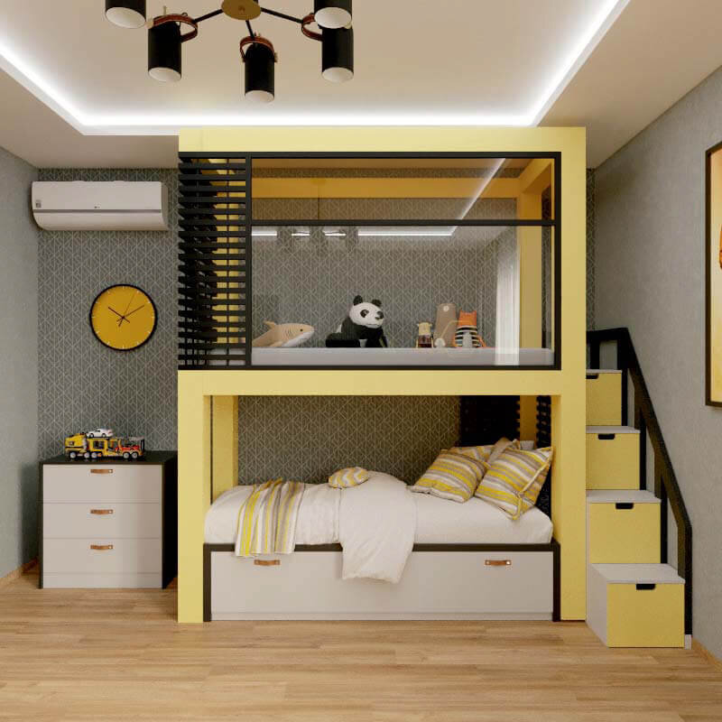 Желтая двухъярусная кроватка с необычными акцентами черных тонов