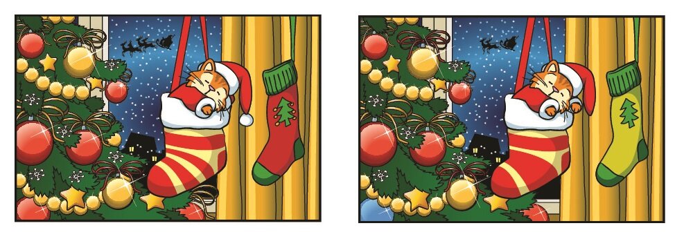 Первая карточка со спящим и симпатичным котиком в праздничном носочке, он спрятал от вас 10 отличий. Вот маленький негодник. Поспешите их найти пока он дремлет, иначе шалунишка ещё что-то от вас спрячет. Поехали!