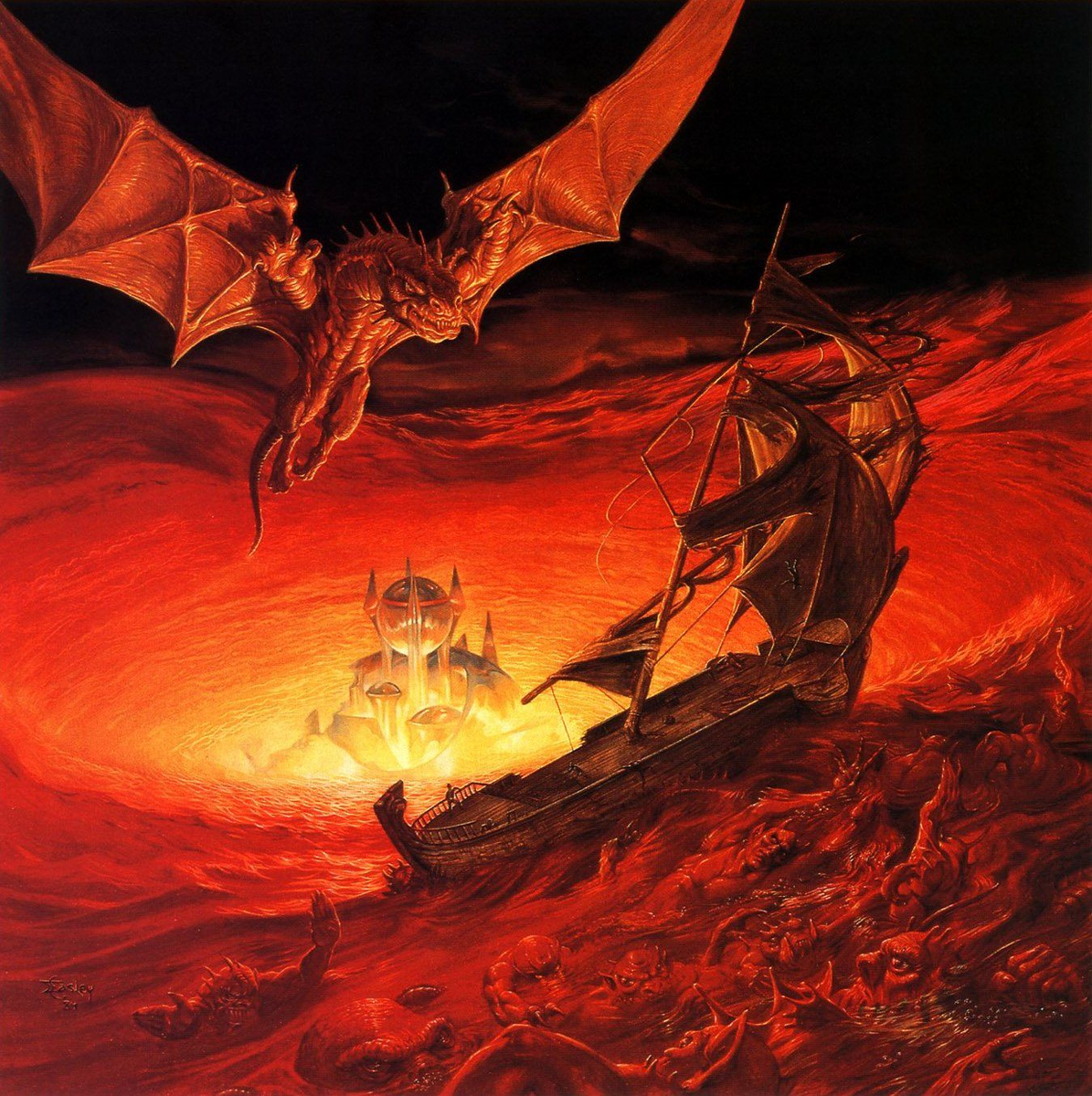 В мире DragonLance люди отвернулись от богов и назвали богом человека - в отместку боги сбросили на город Истар огненную гору и на время покинули мир. Так появились Кровавое море Истара - и атеисты, отрицавшие существование невидимых богов (арт www.pinterest.com).