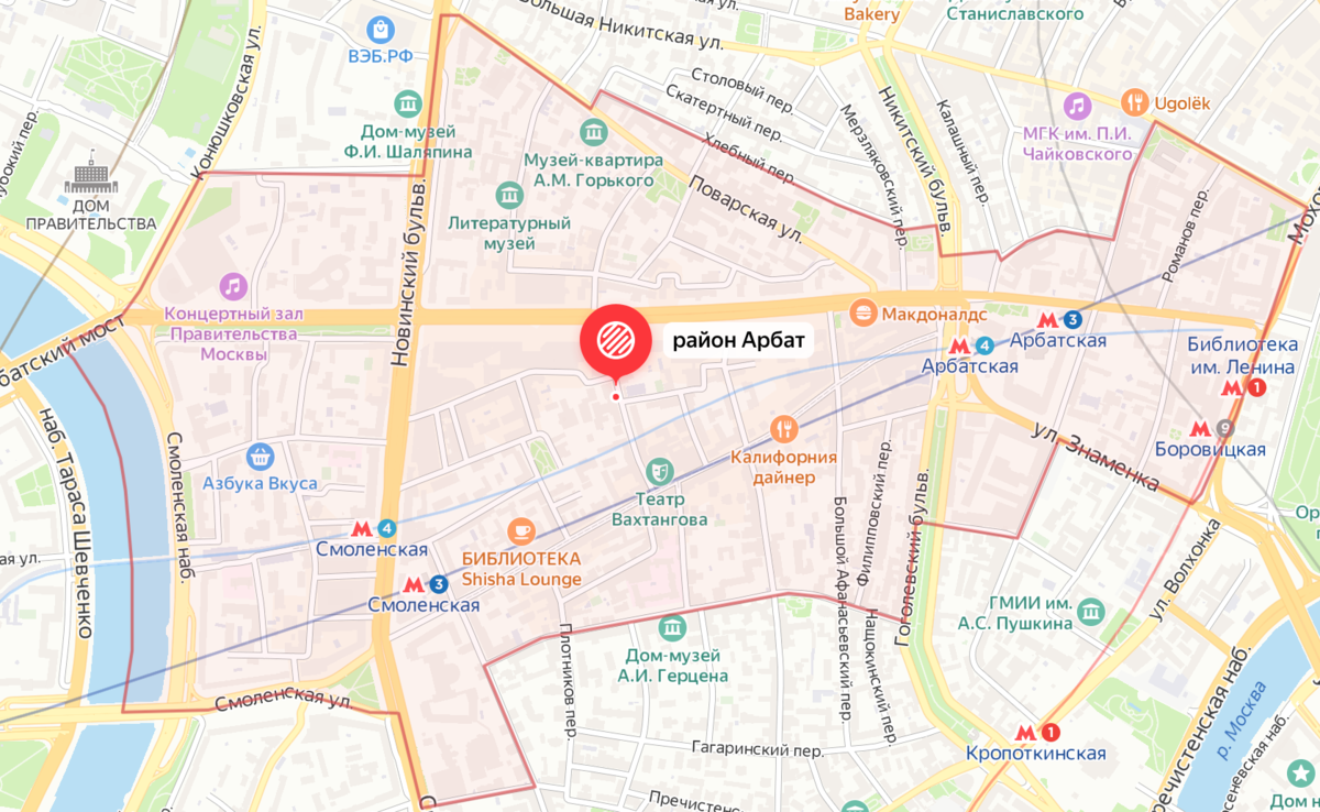 Район Арбат на современной карте Москвы. Яндекс.Карты.