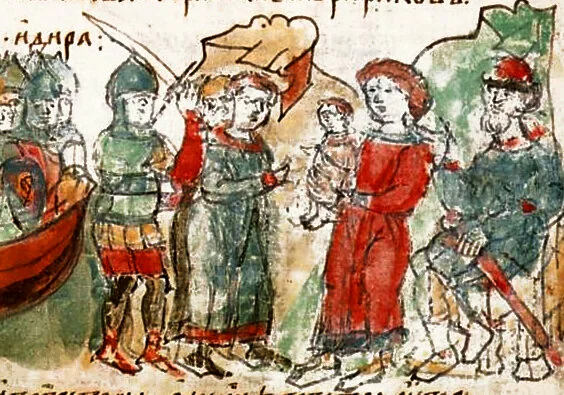 Убийство Аскольда и Дира людьми Олега. Миниатюра Радзивилловской летописи, XV век.