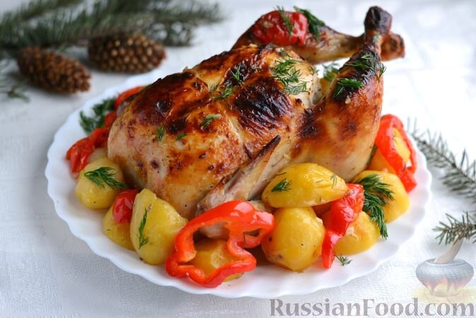 курица, картофель, перец болгарский красный, чеснок, масло растительное, соль, перец чёрный молотый, зелень, кефир, чеснок, базилик